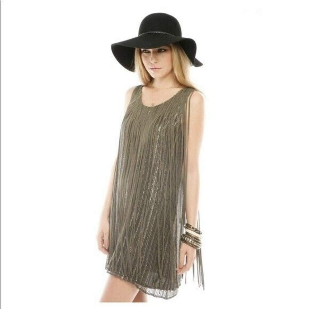 Parker Steel Gray 100% Silk Sequins Fringe Dress.  SZ S